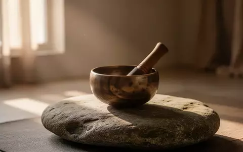 Eine hölzerne Klangschale auf einem glatten Stein vor einem unscharfen, ruhigen Hintergrund. - Foto: über boerse-global.de
