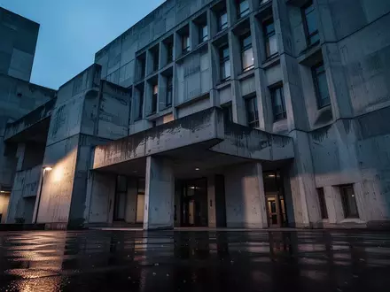 Die nächtliche Fassade eines massiven, grauen Verwaltungsgebäudes aus Beton bei Dämmerung. - Foto: über boerse-global.de
