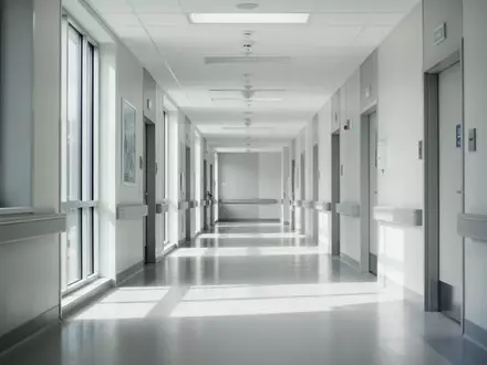 Ein heller, moderner Krankenhausflur mit klaren architektonischen Linien und natürlichem Tageslicht. - Foto: über boerse-global.de