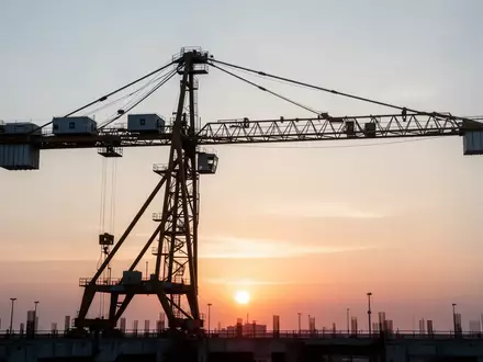 Ein moderner Industriekran vor einem Sonnenaufgang als Symbol für wirtschaftliche Investitionen und Infrastruktur. - Foto: über boerse-global.de
