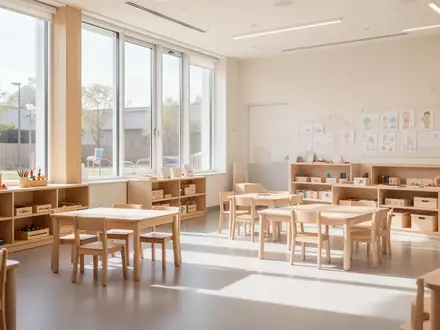 Ein heller, moderner Gruppenraum in einer Kindertagesstätte mit minimalistischen Holzmöbeln und natürlichem Tageslicht. - Foto: über boerse-global.de