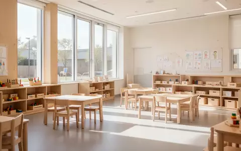 Ein heller, moderner Gruppenraum in einer Kindertagesstätte mit minimalistischen Holzmöbeln und natürlichem Tageslicht. - Foto: über boerse-global.de
