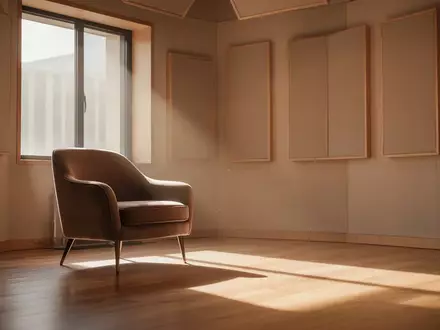 Ein minimalistisch eingerichteter Aufnahmeraum mit akustischen Wandpaneelen und einem leeren Sessel in ruhigem, natürlichem Licht. - Foto: über boerse-global.de