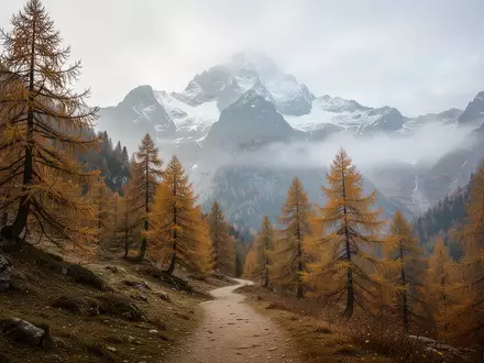 Eine herbstliche Berglandschaft mit goldenen Lärchen und schneebedeckten Gipfeln in den Alpen. - Foto: über boerse-global.de