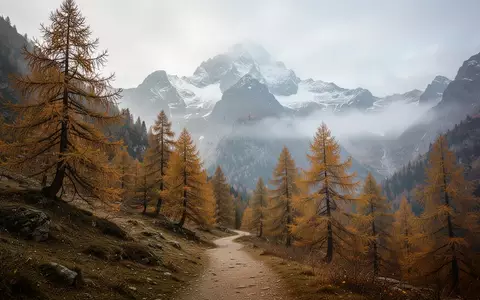 Eine herbstliche Berglandschaft mit goldenen Lärchen und schneebedeckten Gipfeln in den Alpen. - Foto: über boerse-global.de