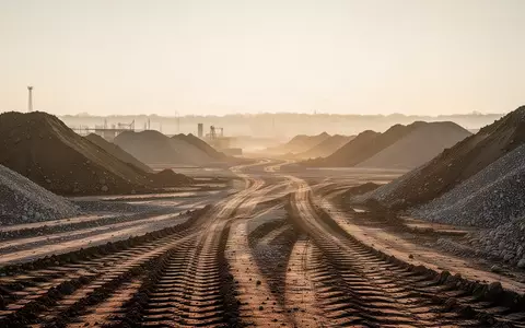 Eine weitläufige Baustelle mit Erdhaufen und Reifenspuren im goldenen Licht der Abendsonne. - Foto: über boerse-global.de