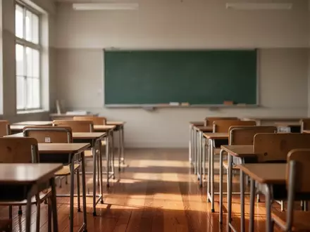Ein ruhiger, leerer Klassenraum mit Holztischen und Stühlen in einer Schule, sonnendurchflutet und aufgeräumt. - Foto: über boerse-global.de