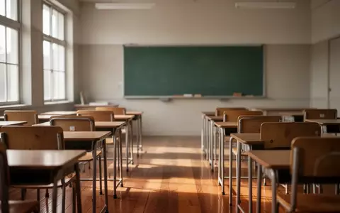 Ein ruhiger, leerer Klassenraum mit Holztischen und Stühlen in einer Schule, sonnendurchflutet und aufgeräumt. - Foto: über boerse-global.de