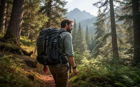 Ein Wanderer mit hochwertiger Outdoor-Ausrüstung in einem sonnendurchfluteten Bergwald. - Foto: über boerse-global.de