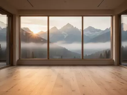 Ein minimalistischer Yogaraum mit Blick auf eine neblige Alpenlandschaft bei Sonnenaufgang. - Foto: über boerse-global.de