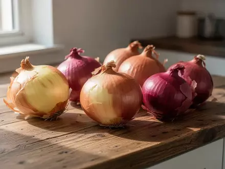 Mehrere rohe Zwiebeln auf einer rustikalen Holzarbeitsplatte in einer Küche bei natürlichem Lichteinfall. - Foto: über boerse-global.de