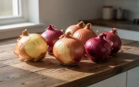 Mehrere rohe Zwiebeln auf einer rustikalen Holzarbeitsplatte in einer Küche bei natürlichem Lichteinfall. - Foto: über boerse-global.de