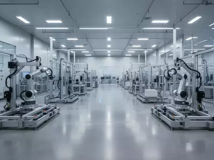 Ein weitläufiges, modernes Industrielabor mit metallischen Kalibrierungsrahmen und poliertem Betonboden in einer Fabrikhalle. - Foto: über boerse-global.de