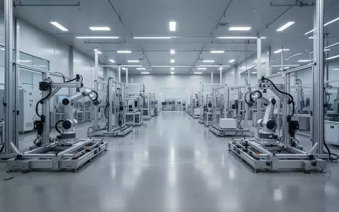Ein weitläufiges, modernes Industrielabor mit metallischen Kalibrierungsrahmen und poliertem Betonboden in einer Fabrikhalle. - Foto: über boerse-global.de