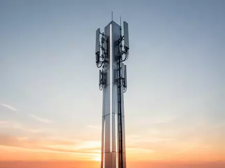 Ein moderner Mobilfunkturm bei Sonnenuntergang vor einem klaren Himmel. - Foto: über boerse-global.de