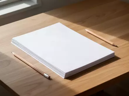 Ein minimalistischer Schreibtisch aus hellem Holz mit einem Stapel leerer Papierbögen und einem Bleistift im natürlichen Tageslicht. - Foto: über boerse-global.de