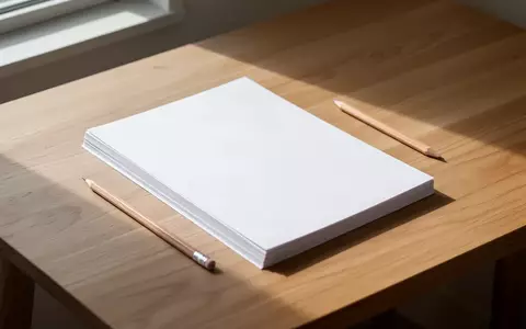 Ein minimalistischer Schreibtisch aus hellem Holz mit einem Stapel leerer Papierbögen und einem Bleistift im natürlichen Tageslicht. - Foto: über boerse-global.de