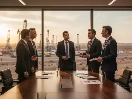 Drei Führungskräfte in einem modernen Büro mit Blick auf eine Ölförderanlage im Hintergrund. - Foto: über boerse-global.de