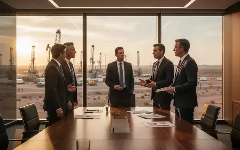 Drei Führungskräfte in einem modernen Büro mit Blick auf eine Ölförderanlage im Hintergrund. - Foto: über boerse-global.de