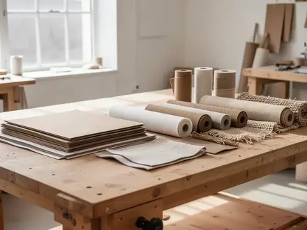 Ein heller, minimalistischer Bastelraum mit einem leeren Holztisch, auf dem ordentlich geschichtetes Papier und Textilien liegen. - Foto: über boerse-global.de