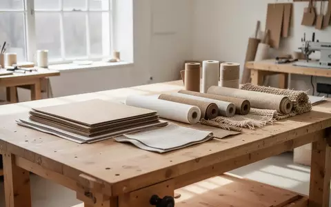 Ein heller, minimalistischer Bastelraum mit einem leeren Holztisch, auf dem ordentlich geschichtetes Papier und Textilien liegen. - Foto: über boerse-global.de