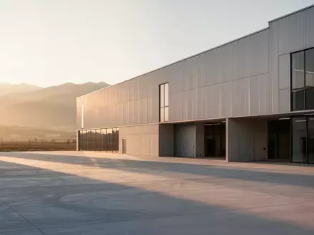 Modernes Fabrikgebäude in einer weiten Industrielandschaft bei Sonnenuntergang. - Foto: über boerse-global.de