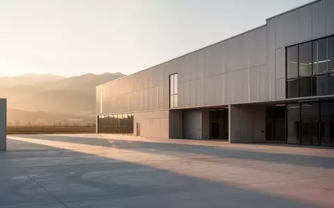 Modernes Fabrikgebäude in einer weiten Industrielandschaft bei Sonnenuntergang. - Foto: über boerse-global.de