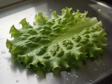 Frische, taufeuchte Salatblätter auf einer sauberen Edelstahloberfläche in natürlichem Licht. - Foto: über boerse-global.de