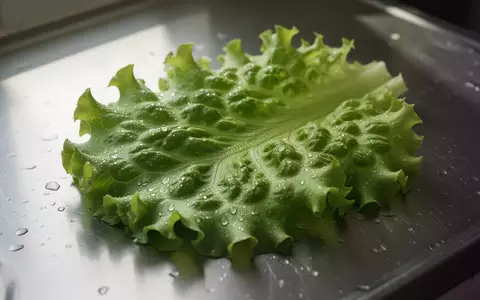 Frische, taufeuchte Salatblätter auf einer sauberen Edelstahloberfläche in natürlichem Licht. - Foto: über boerse-global.de