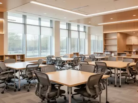 Ein heller, einladender Gemeinschaftsraum in einer Bibliothek mit Holztischen und Stühlen in einer ruhigen Atmosphäre. - Foto: über boerse-global.de
