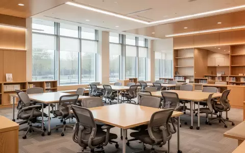 Ein heller, einladender Gemeinschaftsraum in einer Bibliothek mit Holztischen und Stühlen in einer ruhigen Atmosphäre. - Foto: über boerse-global.de