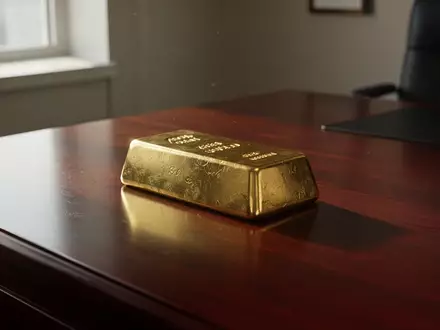 Ein einzelner Goldbarren auf einem dunklen Holztisch in einem Büro mit natürlichem Licht. - Foto: über boerse-global.de