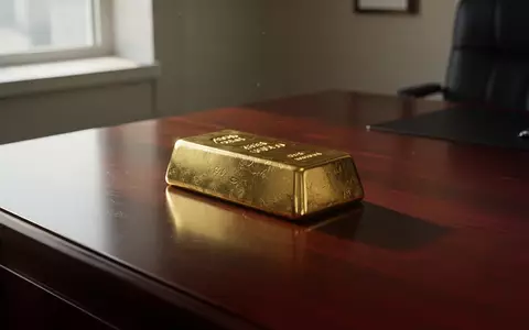 Ein einzelner Goldbarren auf einem dunklen Holztisch in einem Büro mit natürlichem Licht. - Foto: über boerse-global.de