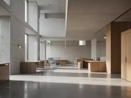 Ein minimalistisch gestalteter, leerer Büroraum in einem modernen Verwaltungsgebäude mit klaren Architektur-Linien. - Foto: über boerse-global.de