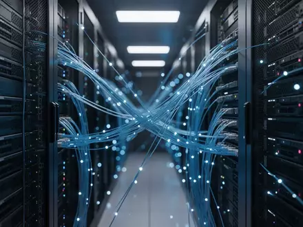 Moderne Serverräume mit leuchtenden Glasfaserkabeln in einer technologischen Umgebung. - Foto: über boerse-global.de