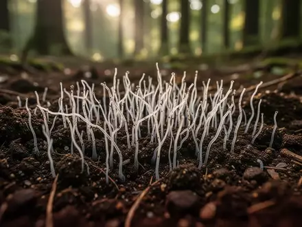 Nahaufnahme von Pilzmyzel in dunklem Waldboden mit weichem, natürlichem Licht. - Foto: über boerse-global.de