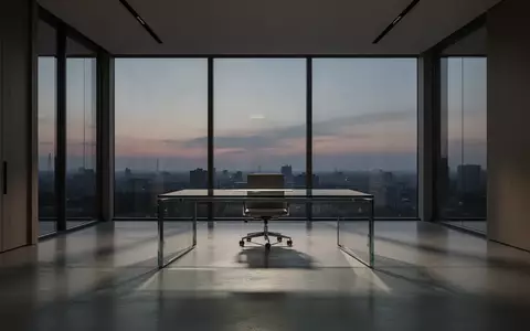 Ein minimalistisch eingerichtetes, leeres Büro bei Dämmerung mit poliertem Betonboden und einfallendem Licht. - Foto: über boerse-global.de
