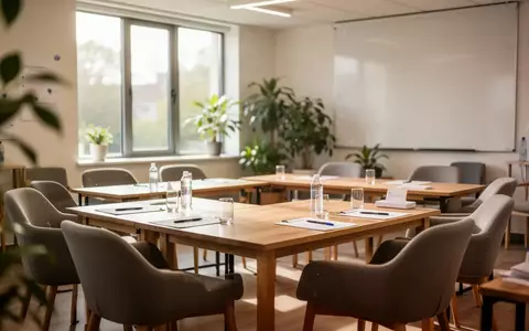 Ein heller, freundlicher Seminarraum mit leeren Tischen und Stühlen, vorbereitet für eine Schulung. - Foto: über boerse-global.de