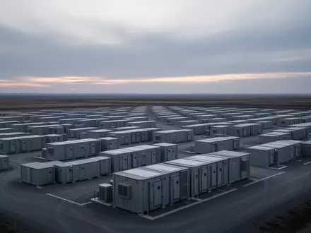 Reihen von industriellen Batteriespeichercontainern in einer weitläufigen, menschenleeren Landschaft bei Dämmerung. - Foto: über boerse-global.de