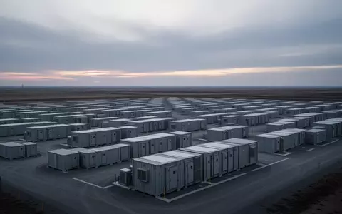Reihen von industriellen Batteriespeichercontainern in einer weitläufigen, menschenleeren Landschaft bei Dämmerung. - Foto: über boerse-global.de