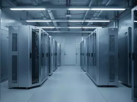 Moderne, minimalistische Serverarchitektur in einem klimatisierten Raum mit blauer Beleuchtung. - Foto: über boerse-global.de