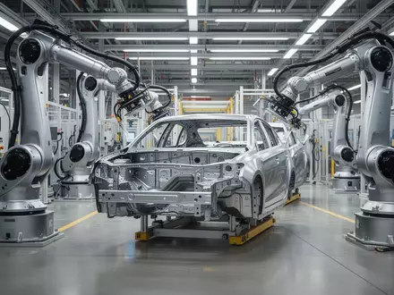 Eine moderne, hochmoderne Fertigungslinie in einer Automobilfabrik mit Industrierobotern an einem Fahrzeugchassis. - Foto: über boerse-global.de