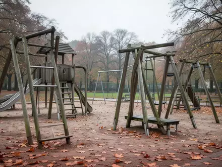 Ein verlassener Spielplatz in einem deutschen Park im Spätherbst mit kahlen Bäumen und herbstlichem Laub. - Foto: über boerse-global.de