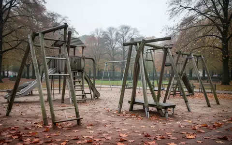 Ein verlassener Spielplatz in einem deutschen Park im Spätherbst mit kahlen Bäumen und herbstlichem Laub. - Foto: über boerse-global.de