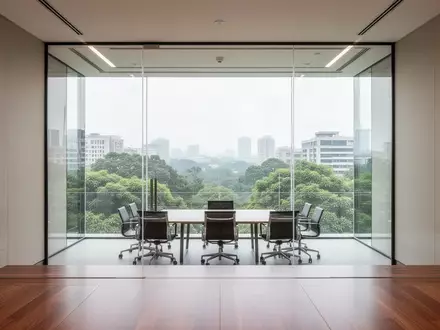 Ein minimalistischer, leerer Konferenzraum mit Glaswänden und Blick auf eine ruhige, grüne Stadtlandschaft bei Tageslicht. - Foto: über boerse-global.de