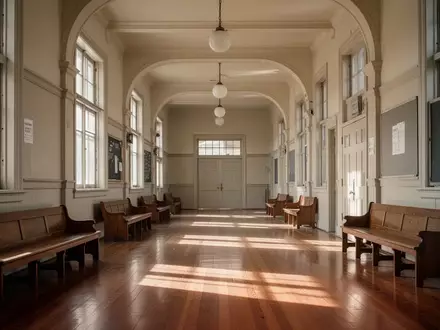 Ein sonnendurchfluteter, leerer Flur in einem Schulgebäude mit hohen Decken und Holzboden. - Foto: über boerse-global.de