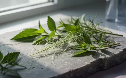 Nahaufnahme von botanischen Pflanzenextrakten und Blättern auf einer strukturierten Labormaterialoberfläche bei natürlichem Licht. - Foto: über boerse-global.de