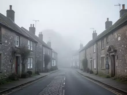 Eine menschenleere, ruhige Dorfstraße in einer ländlichen Region Englands bei nebligem Morgenlicht. - Foto: über boerse-global.de