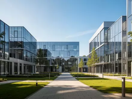 Moderne Architektur eines Forschungs- und Technologieparks mit Glasfassaden und Grünflächen in der Region Aachen. - Foto: über boerse-global.de