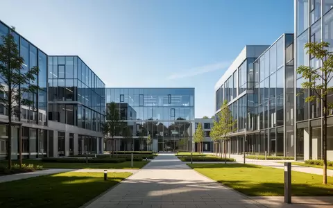 Moderne Architektur eines Forschungs- und Technologieparks mit Glasfassaden und Grünflächen in der Region Aachen. - Foto: über boerse-global.de